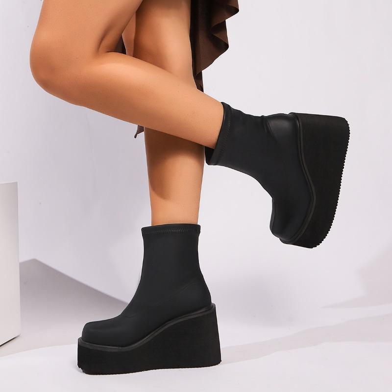 Женские сапоги осень-зима модные короткие полусапожки на танкетке женские сексуальные черные сапоги с круглым носком эластичные сапоги готическая обувь для женщин