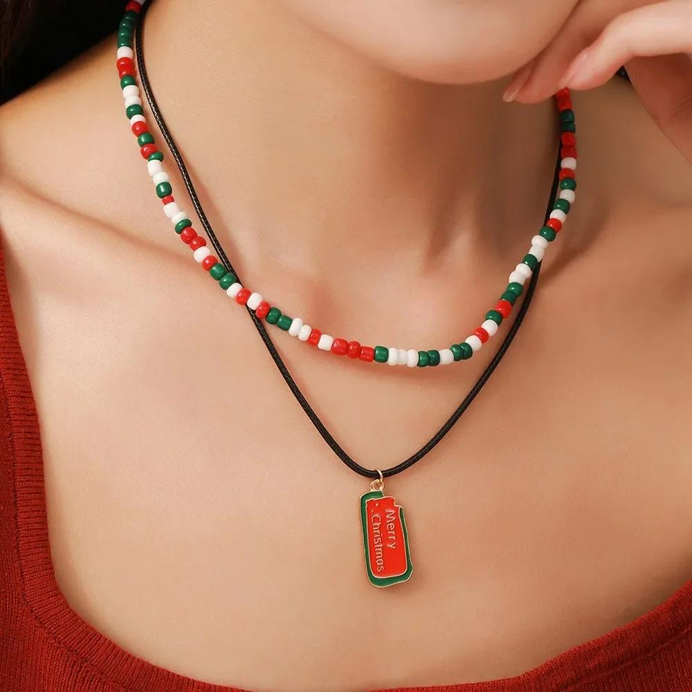 Снежинка Рождественская елка Санта Клаус Подвеска Чокеры Женское Рождество Красочные бусины Ожерелье Цепочка для ключицы Рождественские подарки
