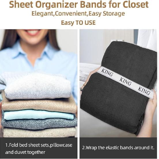 Bed Sheet Organizer Bands,Sheet Organizer and Storage for Linen Closet -Bed Sheet Bands for Organizing-Sheet Labels for Bedding,Elastic Bands for