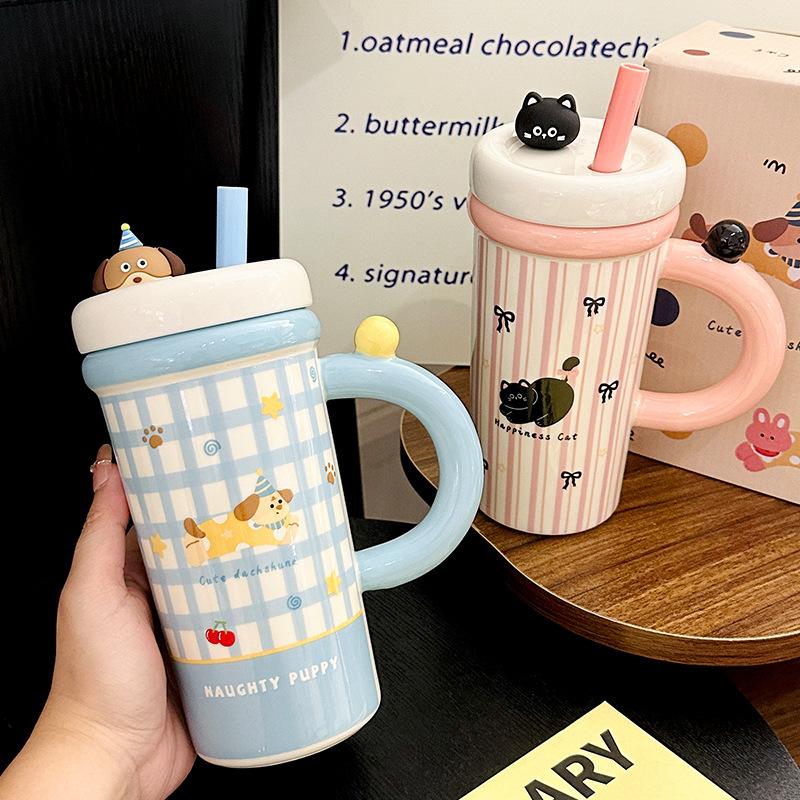 Cartoon Straw Cup Large Capacity Ceramic Drinking Cup with Lid  Cute Animal Breakfast Milk Cup  Souvenir