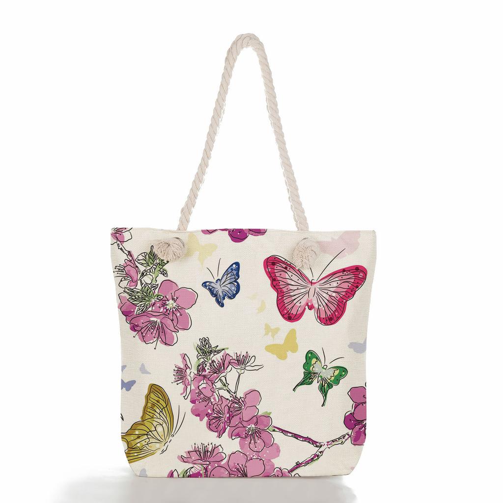 Multifunctional Flowers and butterflies Printed Thick Rope Shoulder Beach Bag Casual large capacity handbag 7615 KTB