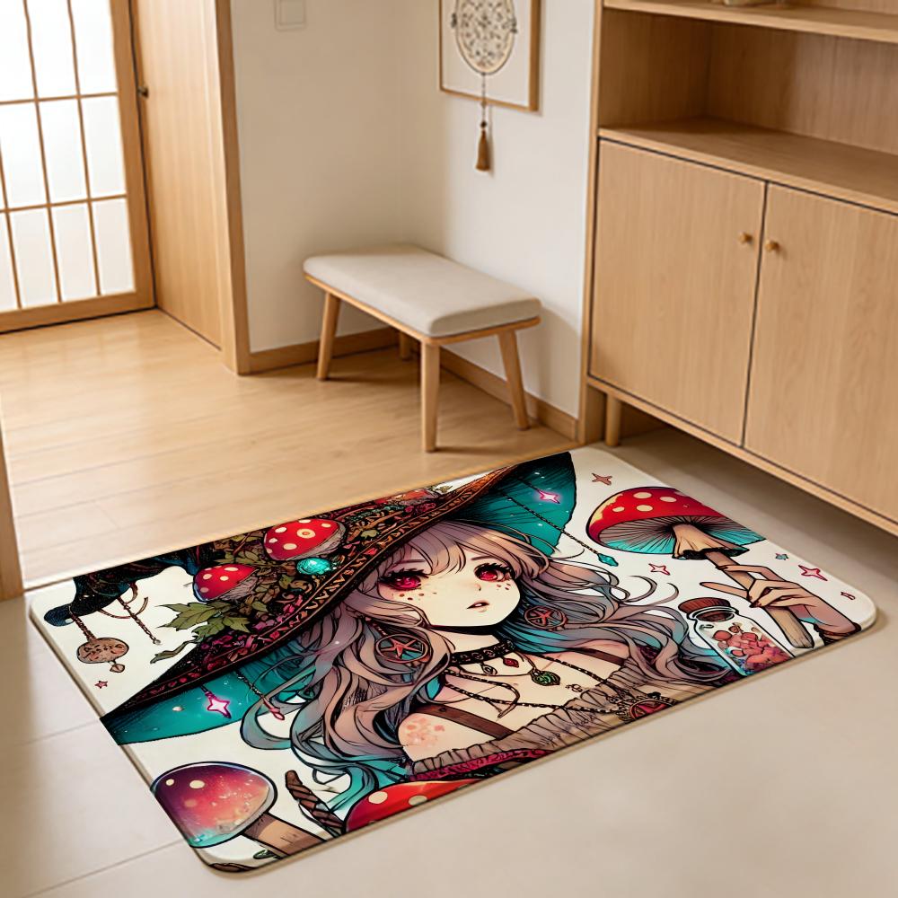 Anime M-Mushroom Witch Floor Mat Absorbent Floor Mat Non-Slip Entrance Rug for Bathrooms Restrooms and Toilets