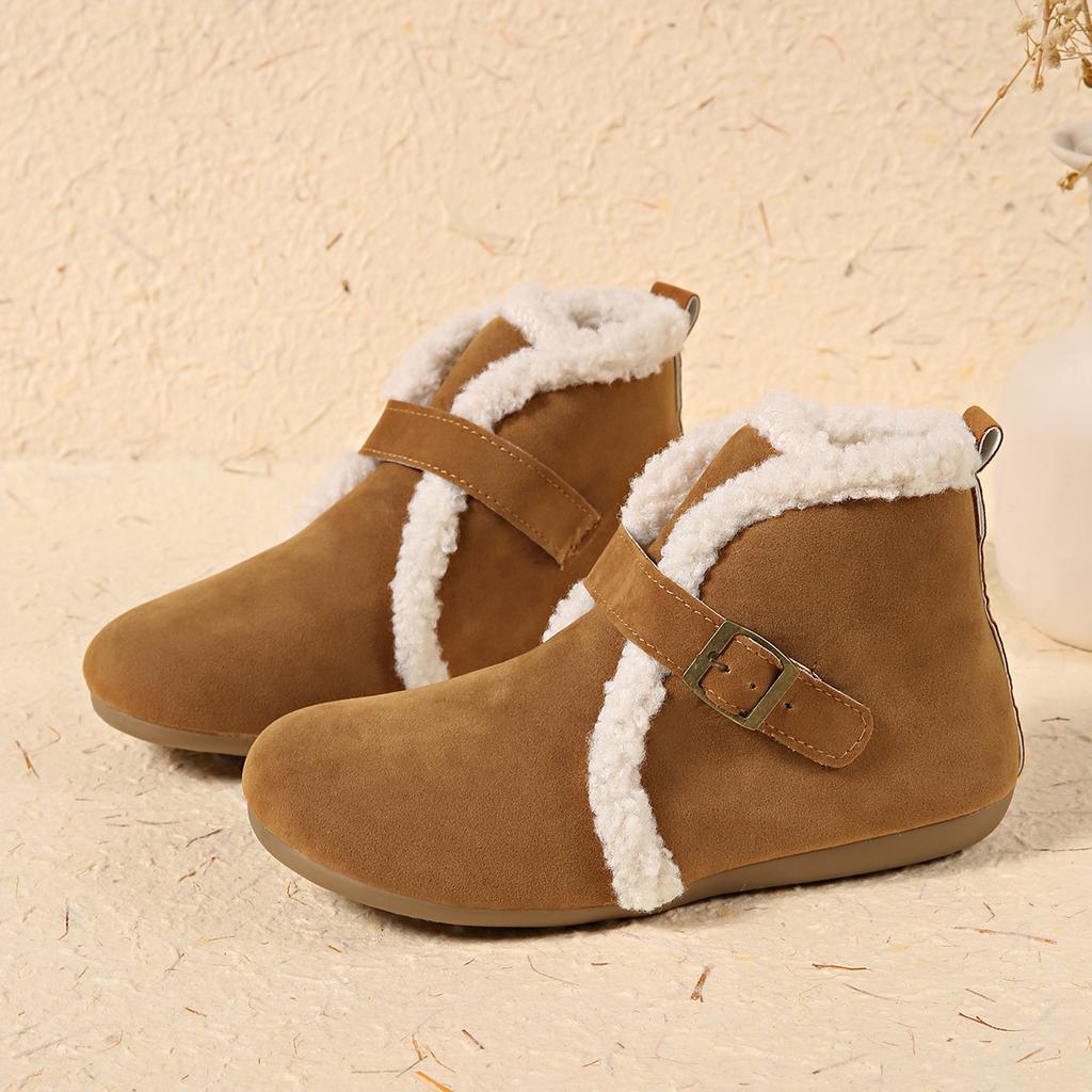 Warm Short Plush Suede Snow Boots Women 2025 Winter Metal Buckle Fluffy Fur Ankle Boots Furry Flat Heel Casual Shoes Plus Size