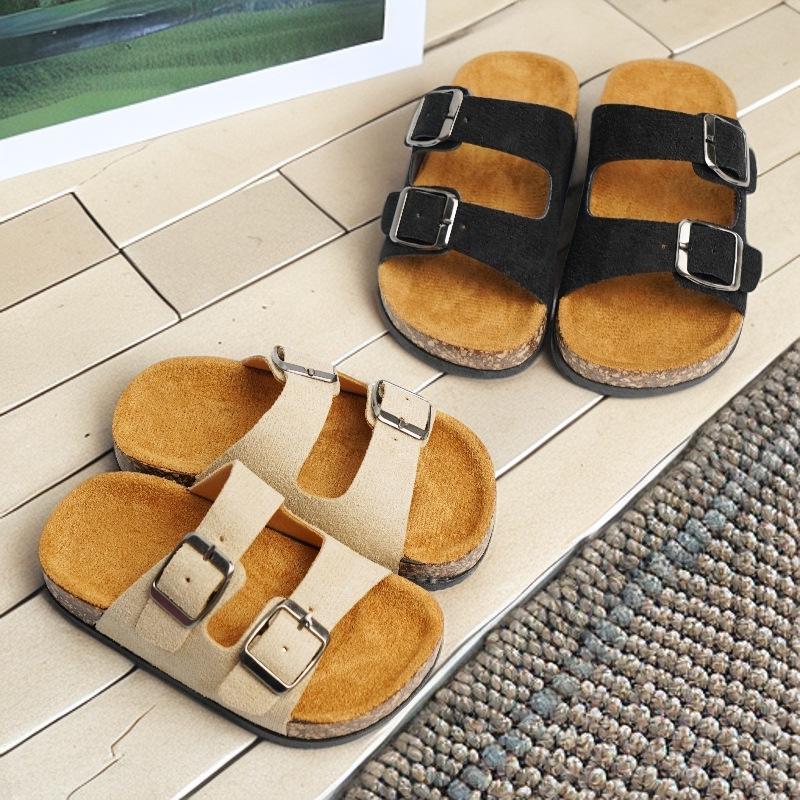 Children's Birkenstock Cork Fabric Retro Double Buckle Sandals - Thick Sole, Non-Slip, Summer Outdoor Shoes for Boys.