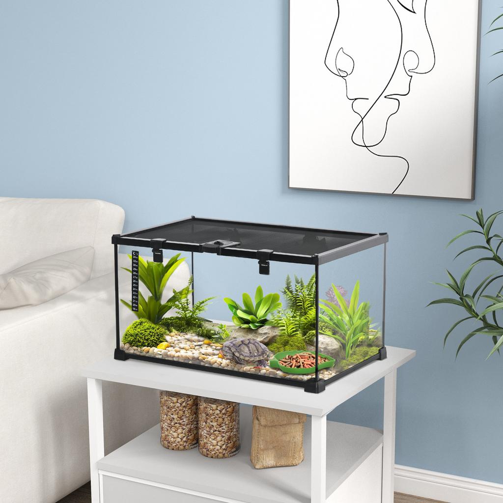 Raised Reptile Terrarium with Lock and Thermometer, Glass and Wire Mesh, 50x30x25 cm, Black