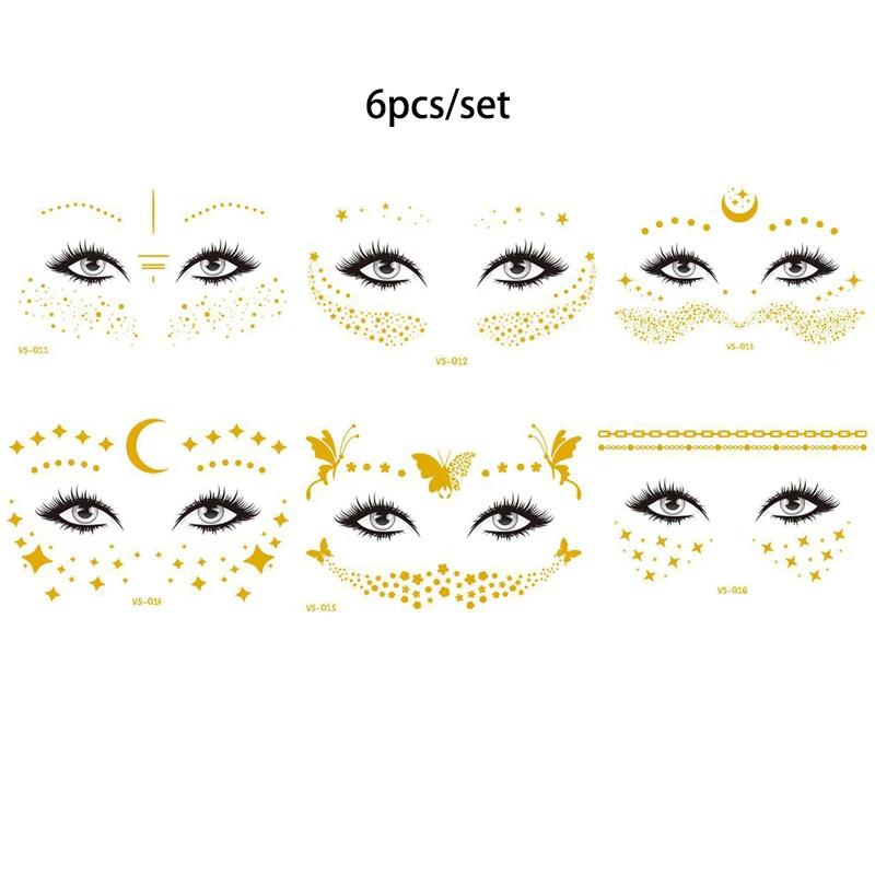 Блестящие наклейки татуировки на лице флэш-золотые временные металлические татуировки водостойкий макияж наклейки для девочек вечеринка музыкальный фестиваль