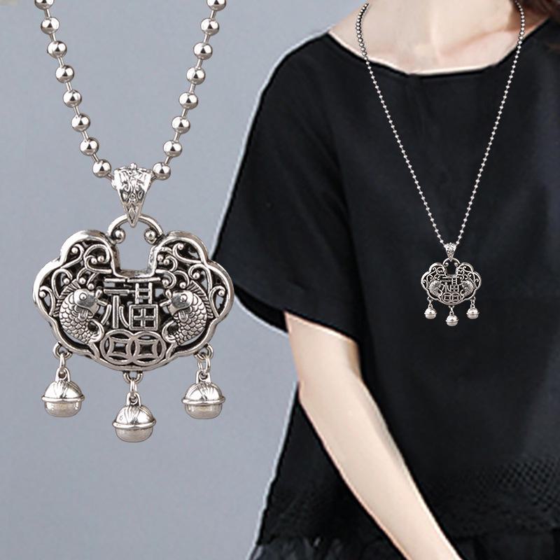 Retro Silver Peace Lock Pendant Necklace - Four-sided Wealth Women's Long Sweater Chain In National Style