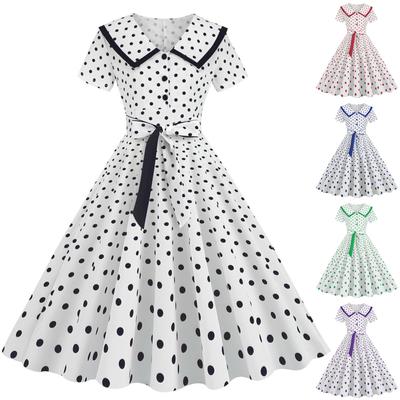 (Куниде) Женское модное винтажное платье макси в горошек с лацканами и поясом