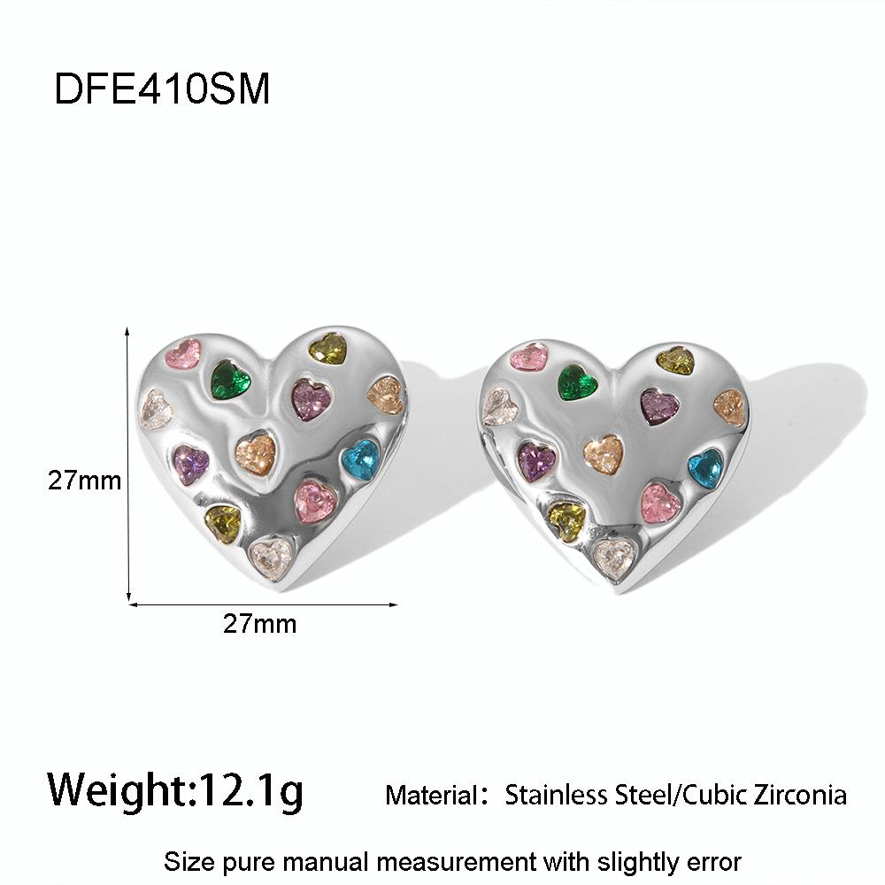 European and American temperament fashion inlaid colored zircon love pendant necklace stud earrings stainless steel plated 18k gold jewelry