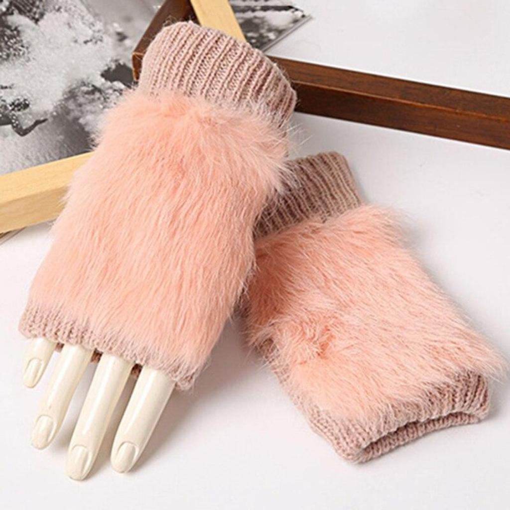 Winter Women's Warm Fluff Knitted Gloves Soft Half Finger Gloves Rabbit Fur Mittens
