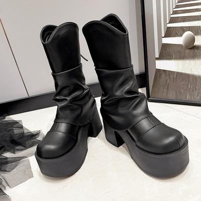 Модные 9 см Зимние Женские Ботильоны Плюшевая Пряжка Ремешок Блочный Высокий Каблук Платформа Ботинки Вечеринка Ботильоны Боковая Молния Черные Кожаные Туфли