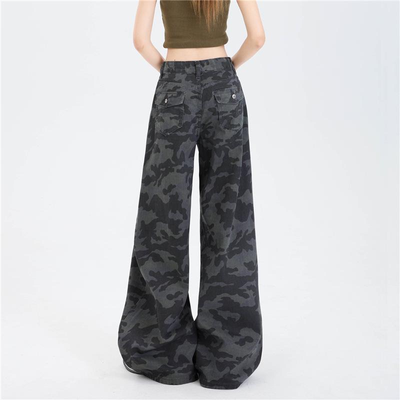 Women's American-Style High Waist Camouflage Wide-Leg Denim Trousers - Summer 2025 Casual Wear