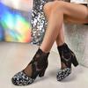 Модные женские ботильоны больших размеров, осенние, новые, с круглым носком, с сеткой, дышащие, с пайетками сзади, с молнией на толстом каблуке