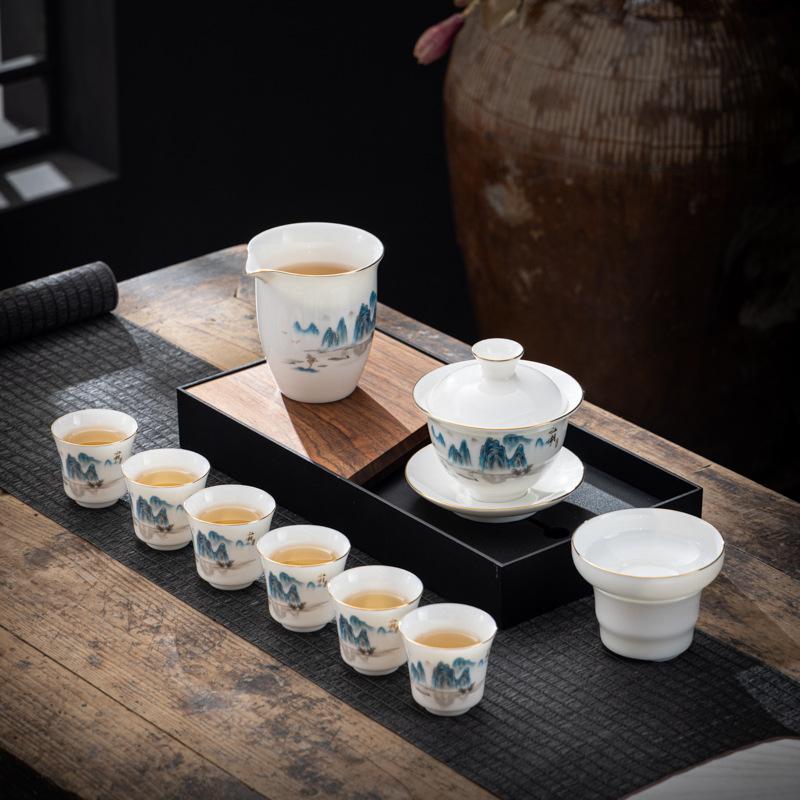 Yangzhi Jade Porcelain Kung Fu Tea Set Gift Box Business Mid-Autumn Festival Event Gifts Optional for Inclusion
