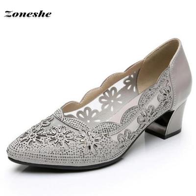 Кожаные женские туфли на среднем каблуке, сетчатые женские офисные туфли, модная повседневная обувь