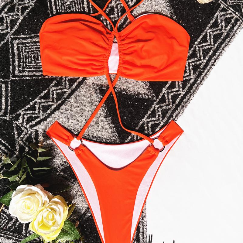 Женский купальник, сплошной цвет, цельный купальник с вырезом на бретельках, сексуальное бикини, бразильская пляжная одежда