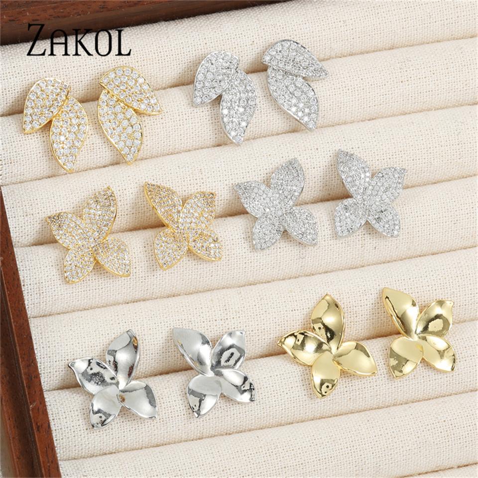 ZAKOL Exquisite Flower Micro Paved Stud Earrings Fashion Korea Zircon Leaf Earrings for Women Wedding Party Jewelry