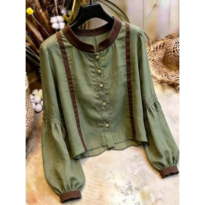 Women Stand Collar Color Block Blouse Long Lantern Sleeve Single‑Breasted Casual Shirt Top