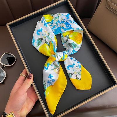 1pcs Summer Bright Color Oil Painting Lemon Print Small Square Women Satin Neck Tie Scarfs Soft Neat Ladies Neckerchiefs