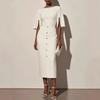 Solid Color Round Neck Knit Dress With Waist Cinching Side Slit Button Detail Women