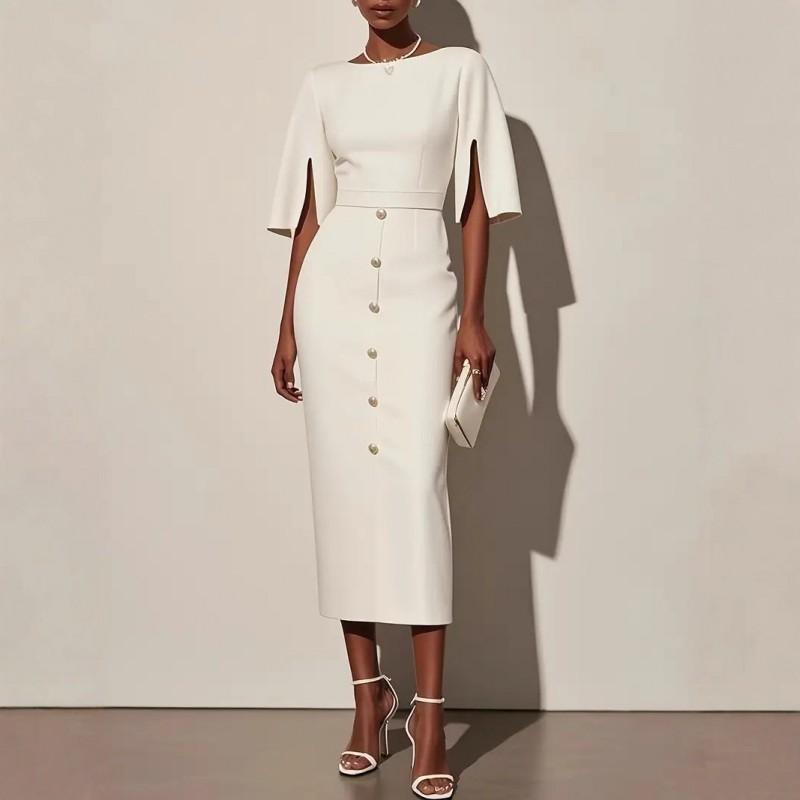 Solid Color Round Neck Knit Dress With Waist Cinching Side Slit Button Detail Women