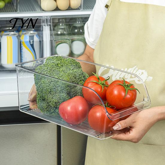 Fresh Keeping Produce Keepers Refrigerator Storage Box with Handle, Clear PET Pull Out Drawer Transparent Kitchen Bins Organizer, Stackable