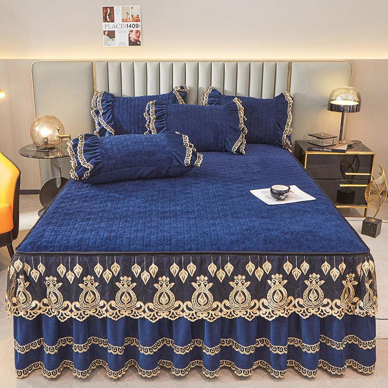 Dark Blue Luxury Lace Winter Bedspread Thick Home Bed Skirt-style Bed Sheets Embroidery Cotton European-style Bed Spreads