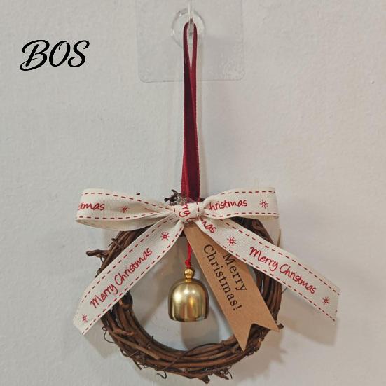 Handmade Fabric Ribbon Bows Christmas Bell Rattan Wreath Hanging Ornament, Rustic Door Handle Wind Decorative Lanyard Tags Chime Decor with