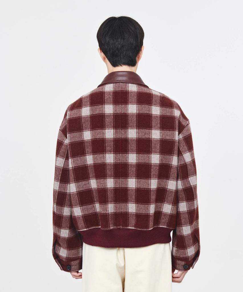 Afterpray Leather Collar Check Wool Blouson Burgundy