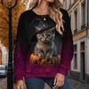 Autumn&Spring Clothing Christmas Pumpkin Cat Print Sweater Tops for Women Round Neck Long Sleeve