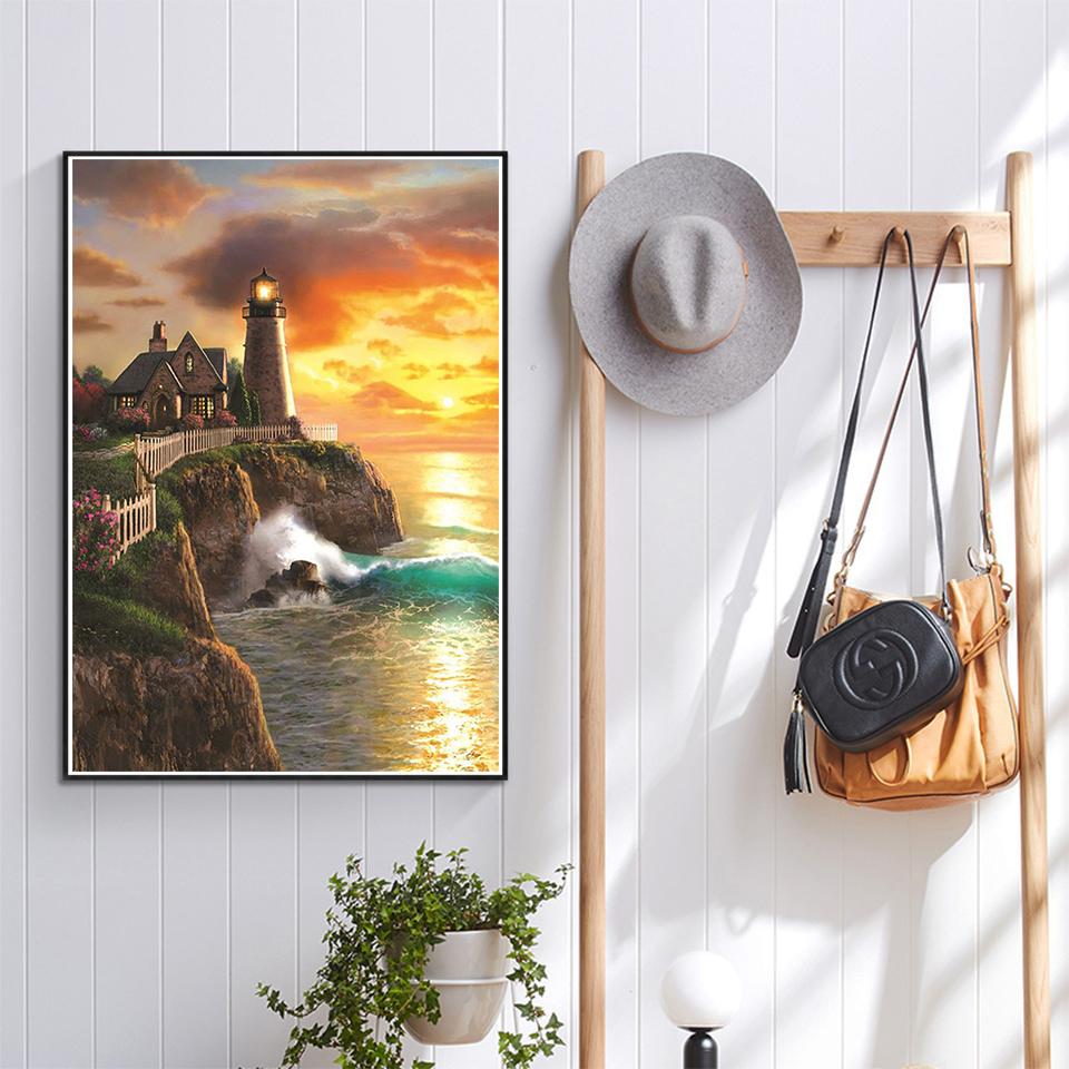 5D DIY Diamond Painting Landscape Rhinestone Cross Stitch Kit Diamond Embroidery Coastal Lighthouse Mosaic Picture Decoration
