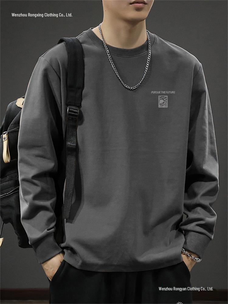 Оформление: Мужская осенняя базовая футболка с длинным рукавом из плотного хлопка 2025, толстовка свободного кроя с круглым вырезом