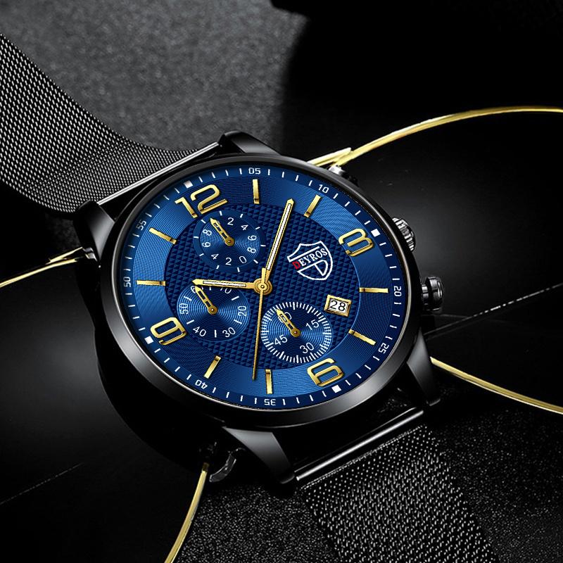 Модные черные мужские часы из нержавеющей стали, кварцевые наручные часы с календарем, роскошные мужские часы с круглым циферблатом, аналоговые часы, браслет, набор