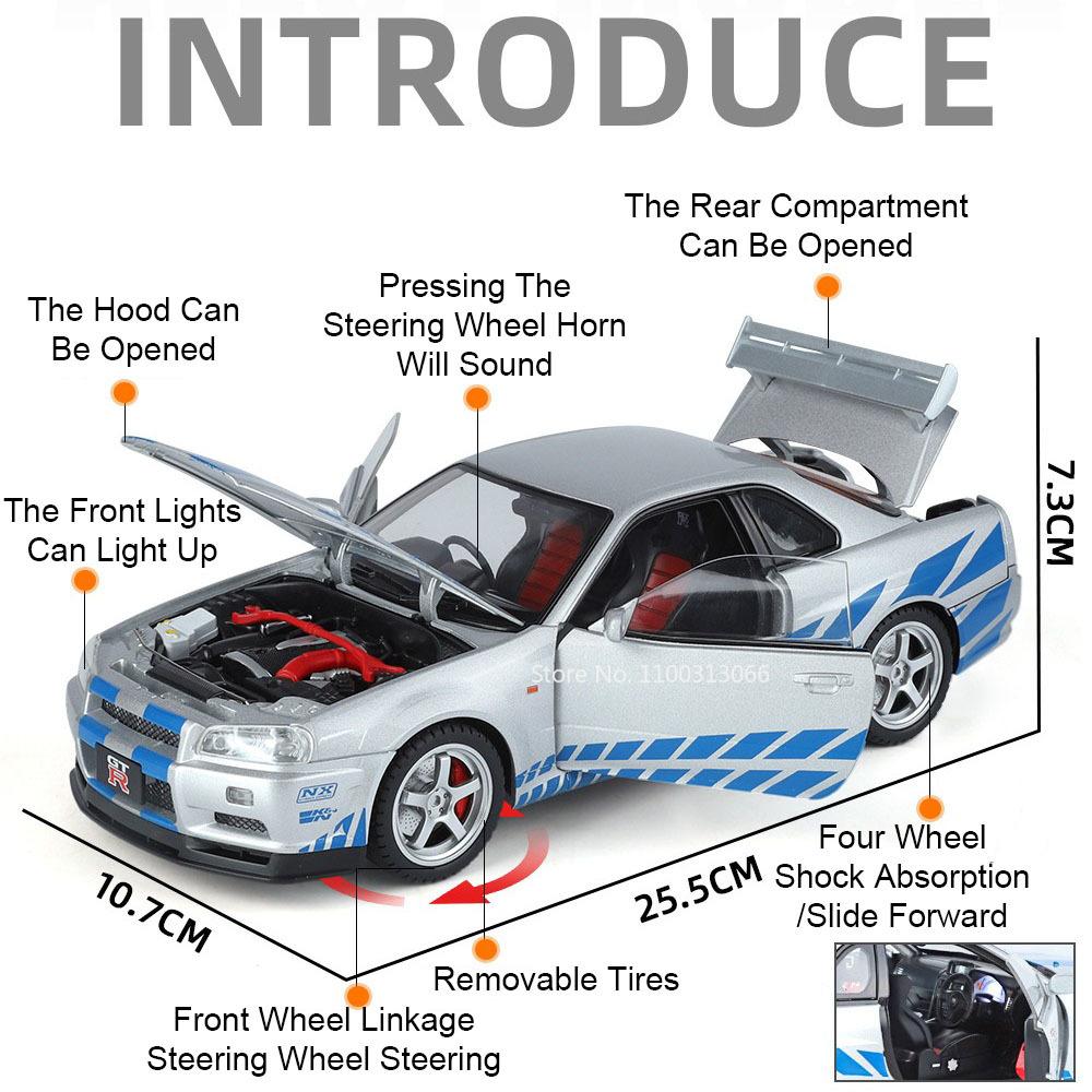 1:18 GTR SKYLINE ONE Игрушки Спортивные автомобили Сплав Литой под давлением Модель Рулевое управление колесами Миниатюрные транспортные средства Открывающиеся двери Автомобиль для детских подарков