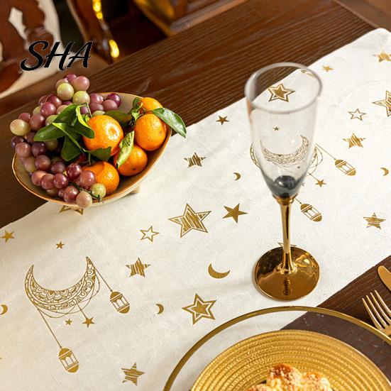 Party Table Decorations Eid Mubarak Runner, Ramadan Gold Moon Stars Tablecloth, Islamic Happy Modern Dressing Holiday Rectangular Cloth for