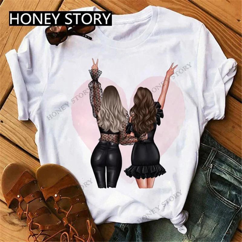 Summer Fashion Best Friends T-Shirt Short Sleeve Graphic Tees for Ladies Good Friend Bestie Sister Outfit Polyester Fabric