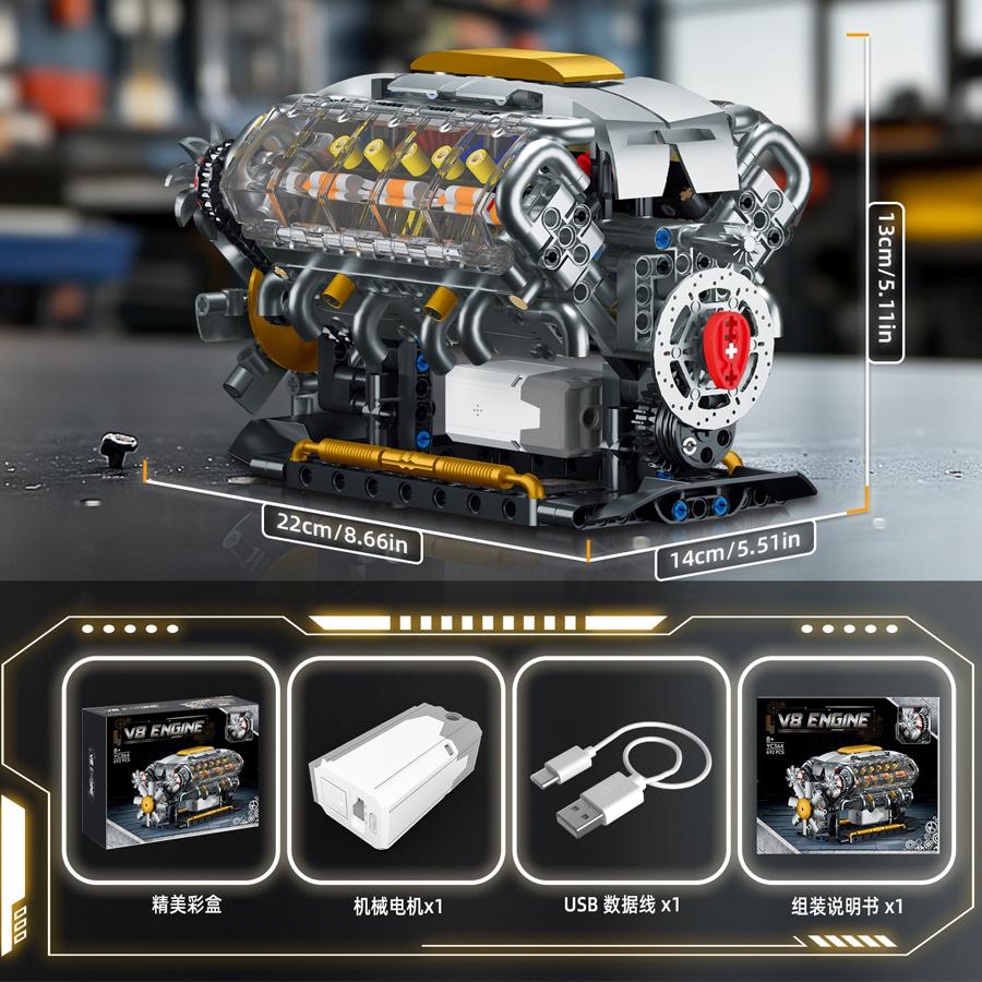 Non-Toxic 692Pcs Classic V8 Electrically Driven Engine Model Abs Plastic Building Blocks Supercar Bricks Toys For Mechanical Car Parts