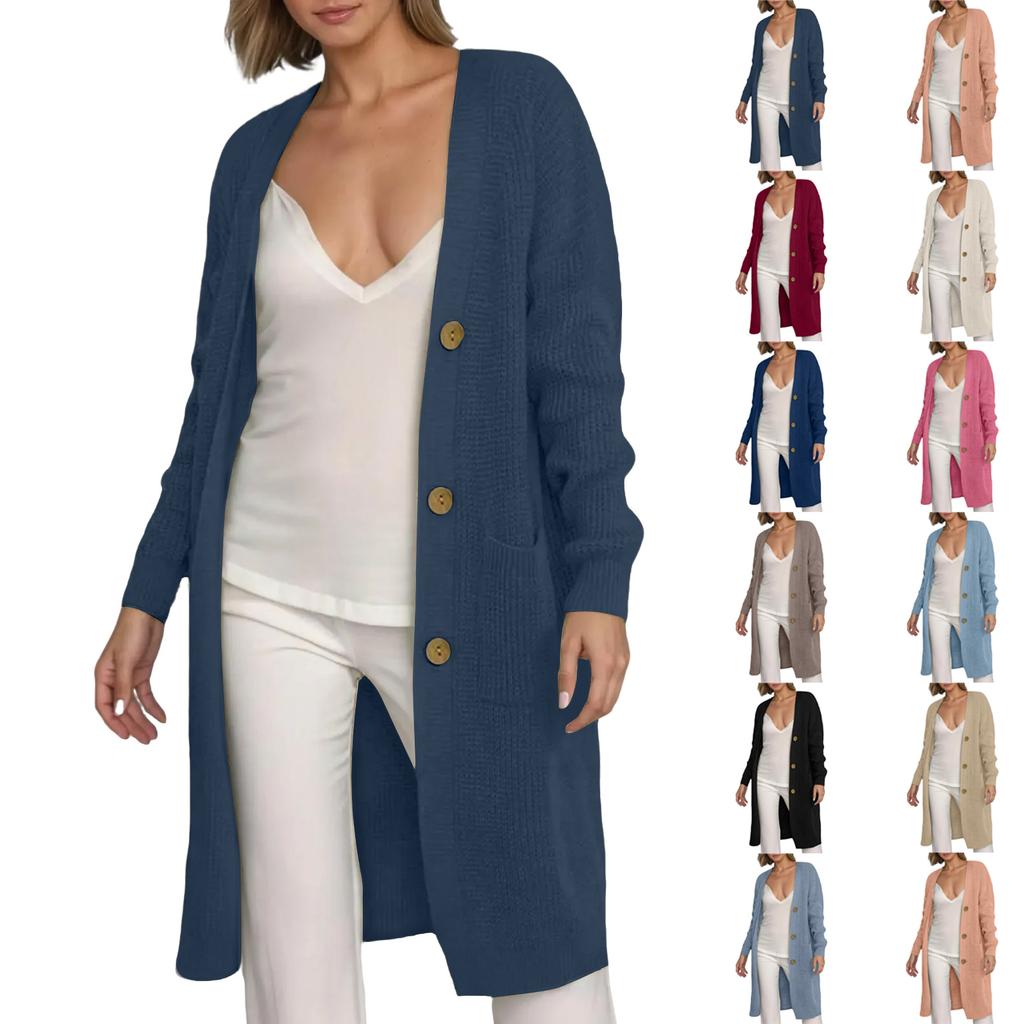 Women's Solid Color Long Sleeved Knee Length Knitted Cardigan, Lazy Trend, Medium Long Hair Jacket
