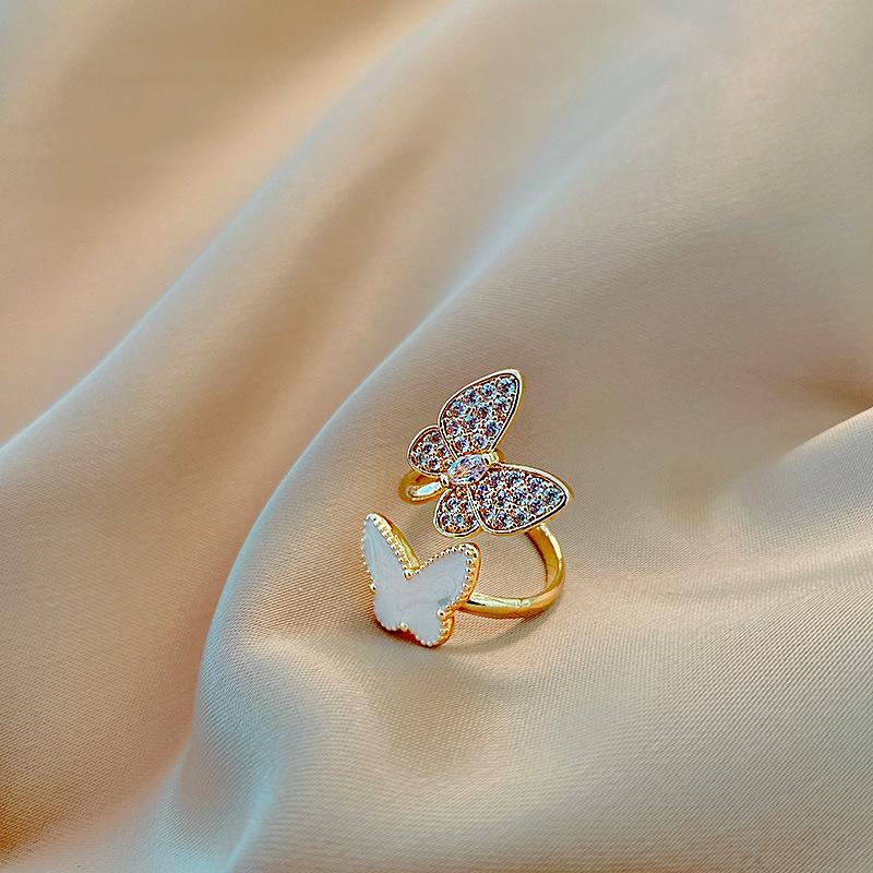 Двойные кольца-бабочки для женщин, регулируемое кольцо с открытием указательного пальца, кольцо со стразами, роскошные ювелирные изделия, аксессуары для темперамента