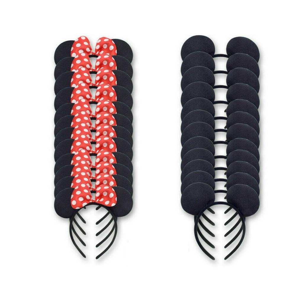 Set of 24 Mickey Minnie Mouse Costume Deluxe Fabric Ear Headband White Polka Dots for Boys Girls Birthday Party Hair Accessories Baby Shower Head Wear