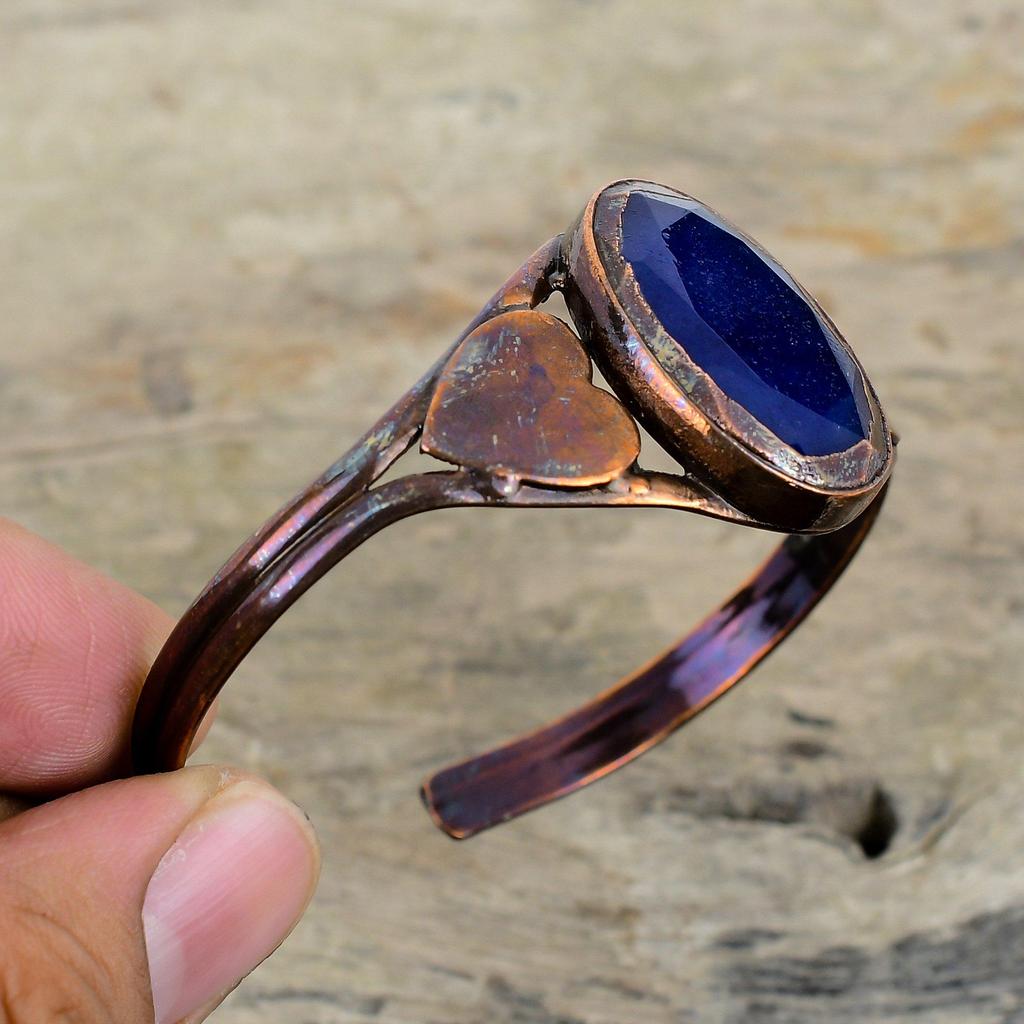 Граненый браслет-манжета из синего сапфира, браслет-манжета с драгоценным камнем, гальванопластический медный браслет, ручная работа, регулируемый браслет, медные украшения, подарки на годовщину