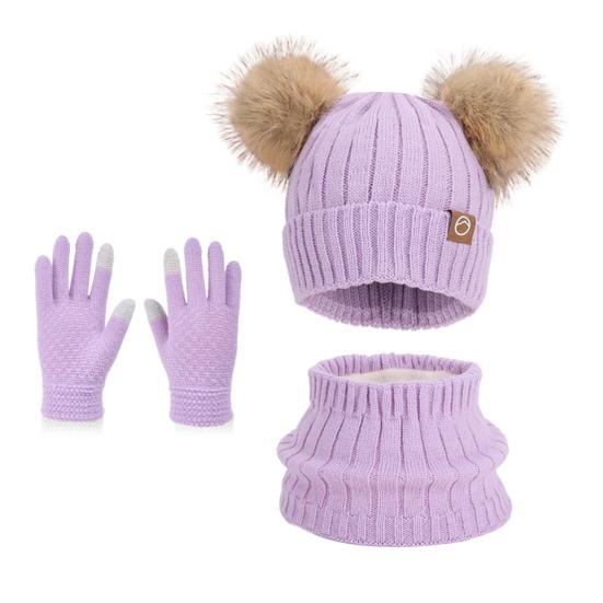 3Pcs/Set Children Winter Hat Scarf Gloves Set Plush Lining Fluffy Ball Decoration Knitting Hat Neckerchief Gloves Set