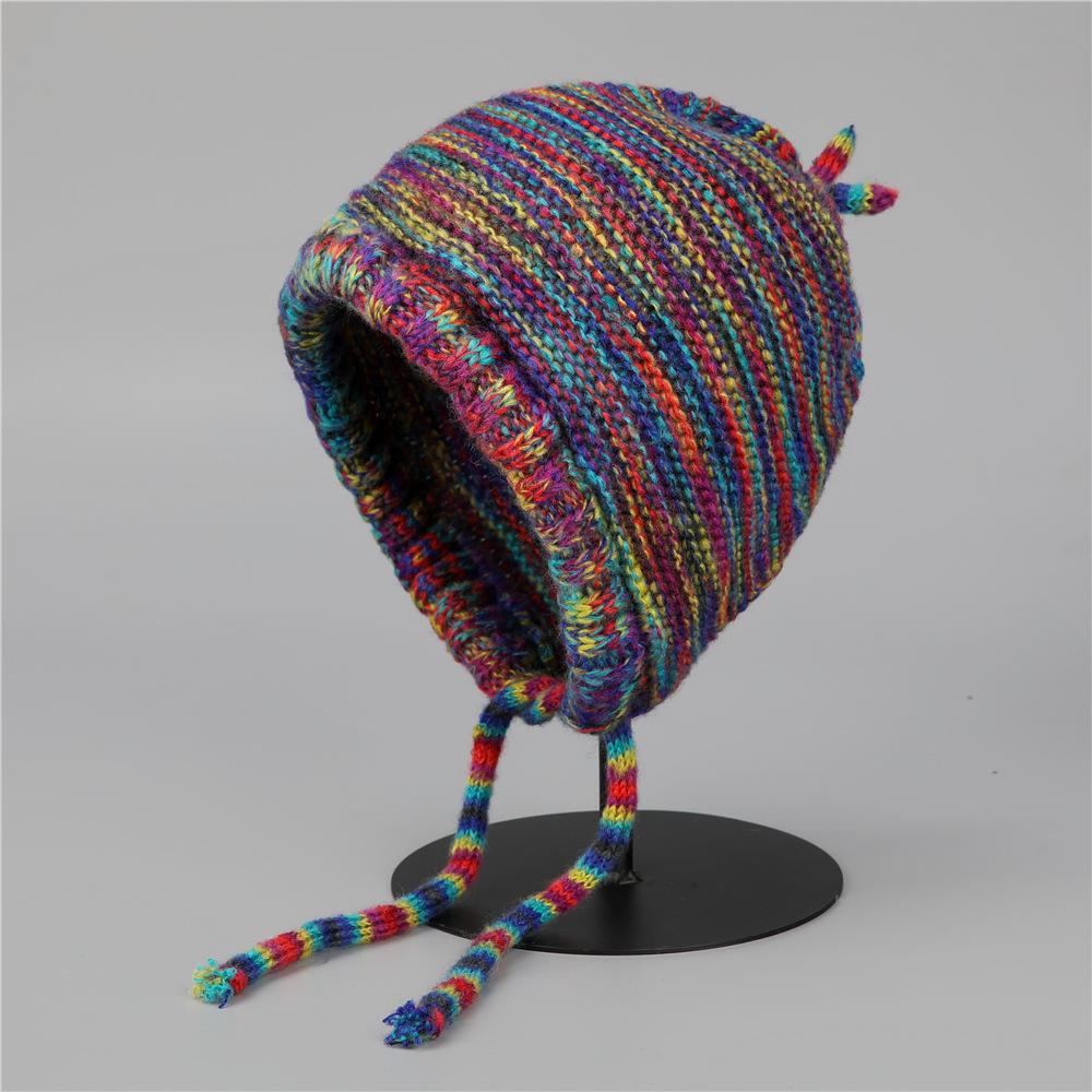 Hat Women's New Rainbow Knitted Hat Show Small Face Suitable for Square Face Lei Feng Hat Ear Protector Hat Baotou Hat