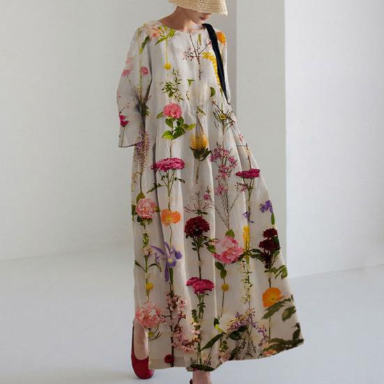 Женское платье трапециевидной формы с цветочным принтом, большим подолом, длинными рукавами, свободный круглый вырез и боковые карманы, плиссированное повседневное платье макси до щиколотки