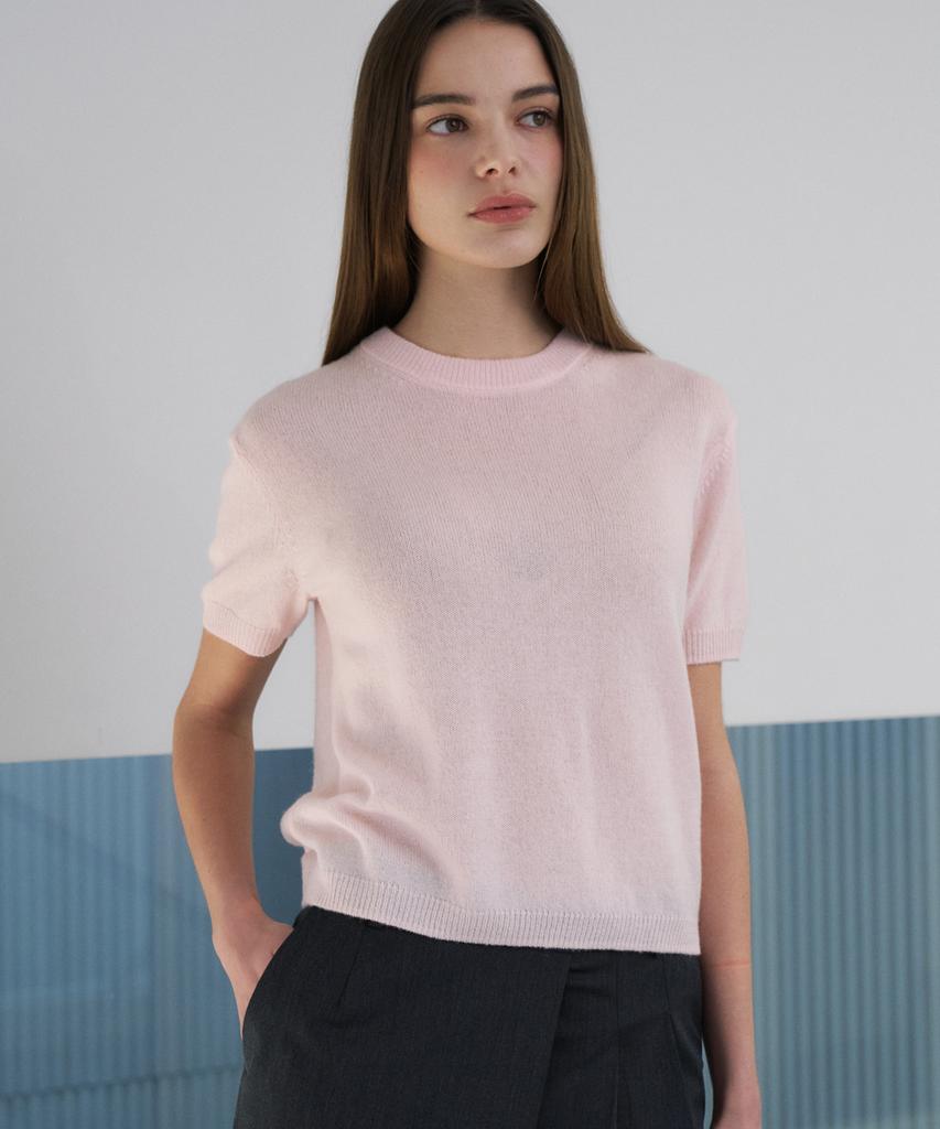JE NE SAIS QUOI Sheer Cashmere Blended Crew Neck Short Sleeve Knit_Pale Pink