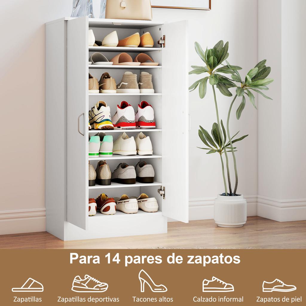 Shoe Cabinet, 2 Doors, 6 Adjustable Shelves, for 14 Pairs, 55x35x108cm, White