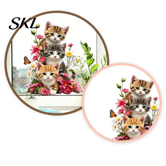 Floral Pattern Glass Films Cute Kittens Static Stickers, PVC Waterproof Flower Cat Window Cling Film Removable Clings for Living Room Bedroom Door