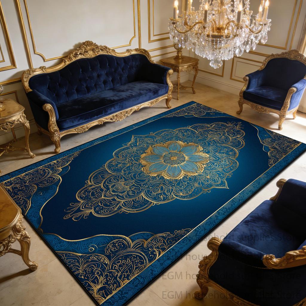 European Blue Gold Carpet Luxury Home Decoration Aesthetics Customizable Foldable Mat Sofa Table Non-slip Lounge Rug Washable