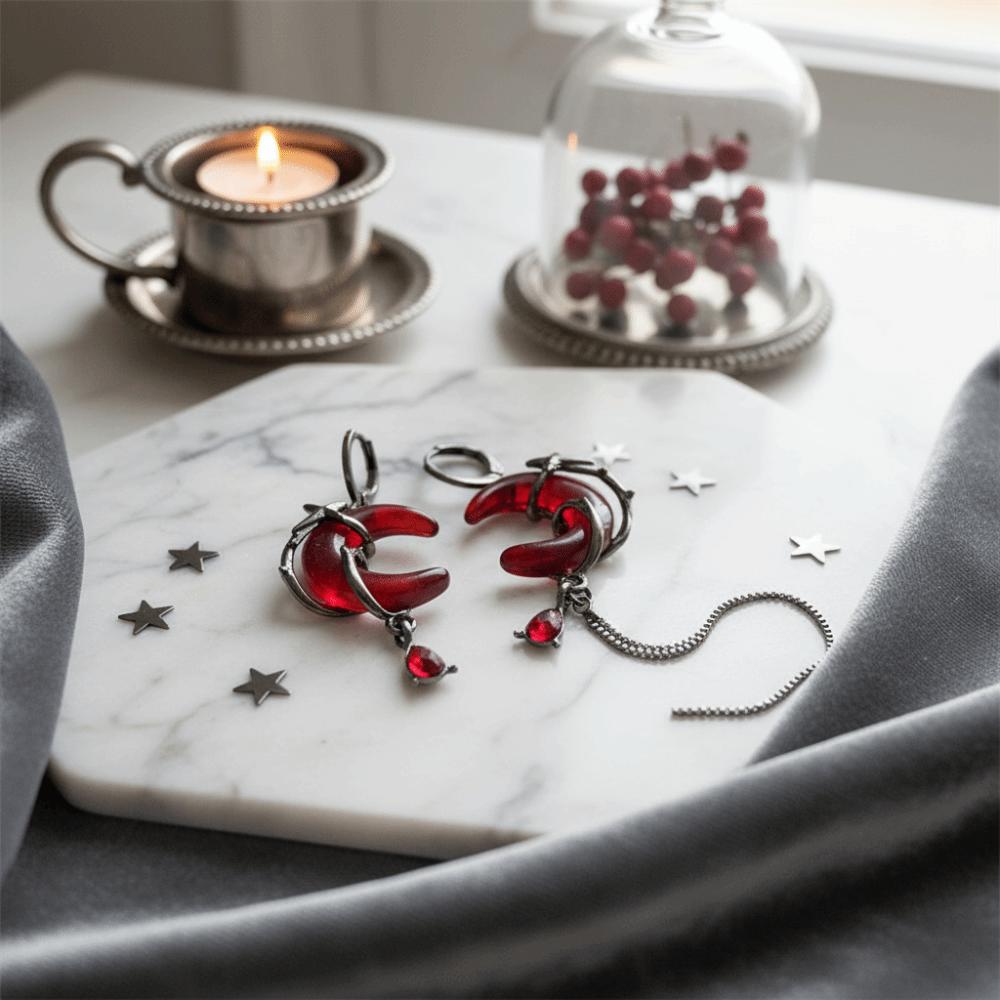 Tassel Chain Rhinestone Moon Earrings Gothic Style Women Dangle Earrings  Hip-Pop Style