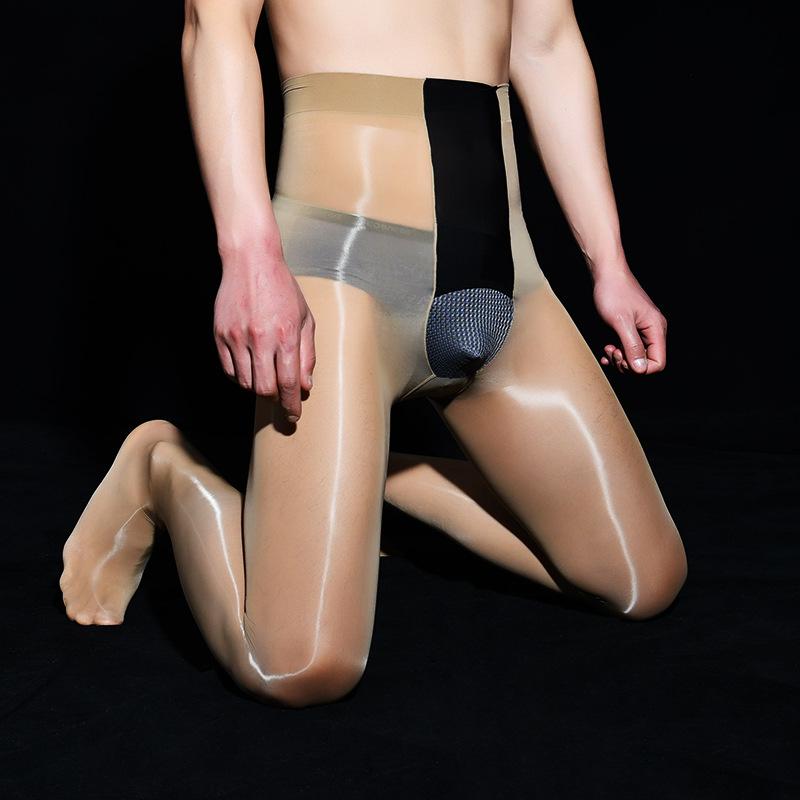 Глянцевые черные шелковые мужские ультратонкие горизонтальные открытые колготки